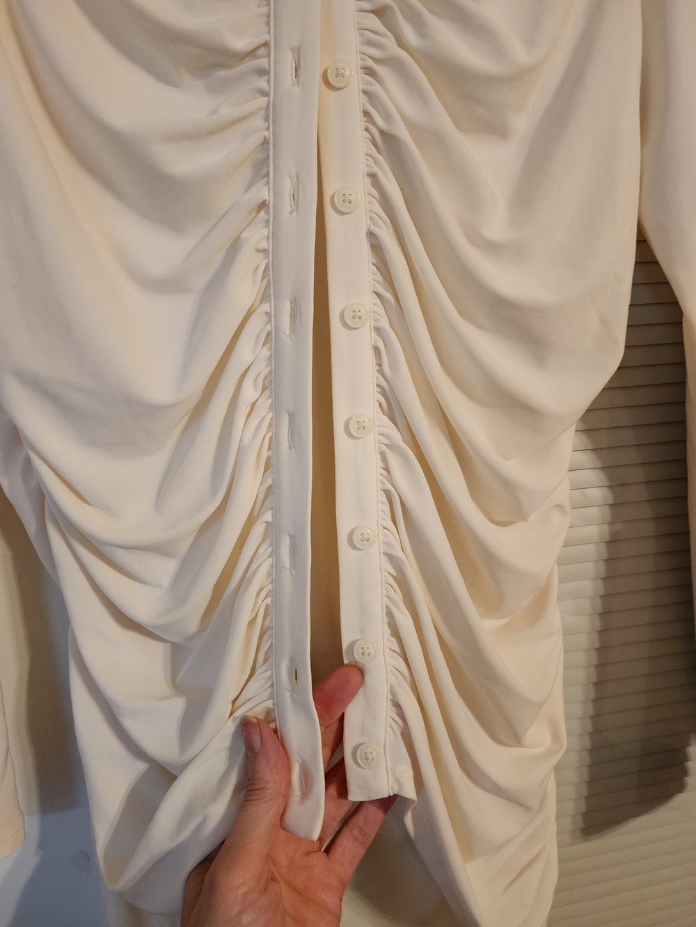 Express Cream Ruched Button-Front Long Sleeve Top - Picture 2 of 4